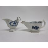 Group of two English porcelain sauce boats, one Lowestoft with floral print and helmet shaped