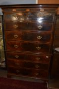 George III period inlaid mahogany chest on chest, the upper section fitted with two short and