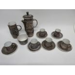 Rye Pottery coffee set comprising coffee pot, milk jug, sugar bowl and six coffee cups and