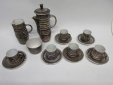 Rye Pottery coffee set comprising coffee pot, milk jug, sugar bowl and six coffee cups and