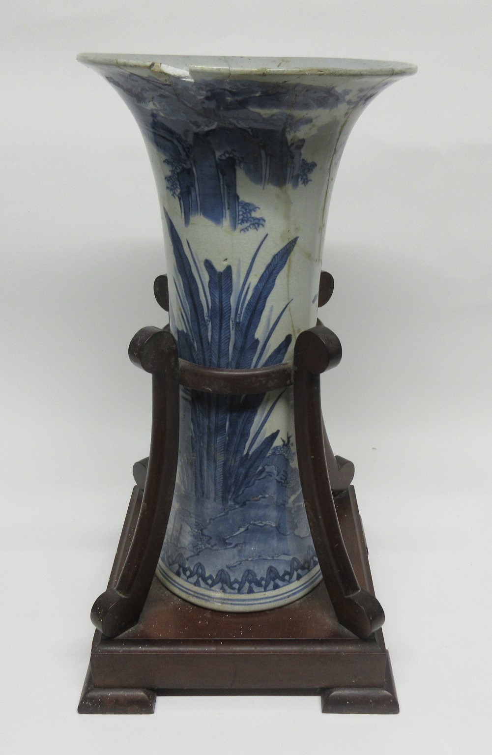 Large flared Chinese porcelain vase decorated with flowers and a landscape scene within a wood and - Image 3 of 3