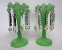 Pair of green ground table lustres, 27cm high (2)