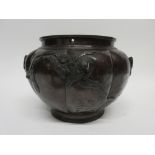 Japanese bronzed lobed jardiniere decorated in relief with birds and monkeys, Meiji period, 16cm