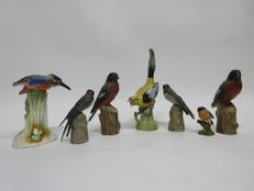 Group of bird models including a Minton model of a kingfisher, and a magpie and two robins on tree