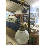 Frosted glass globular and brass mounted hanging light, 25cm diam