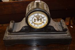 Victorian large black marble mantel clock, circular Roman chapter ring and exposed escapement, 55.