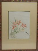 Set of four Oriental watercolours of flowers in wooden frames, the frames with inlay in gilt