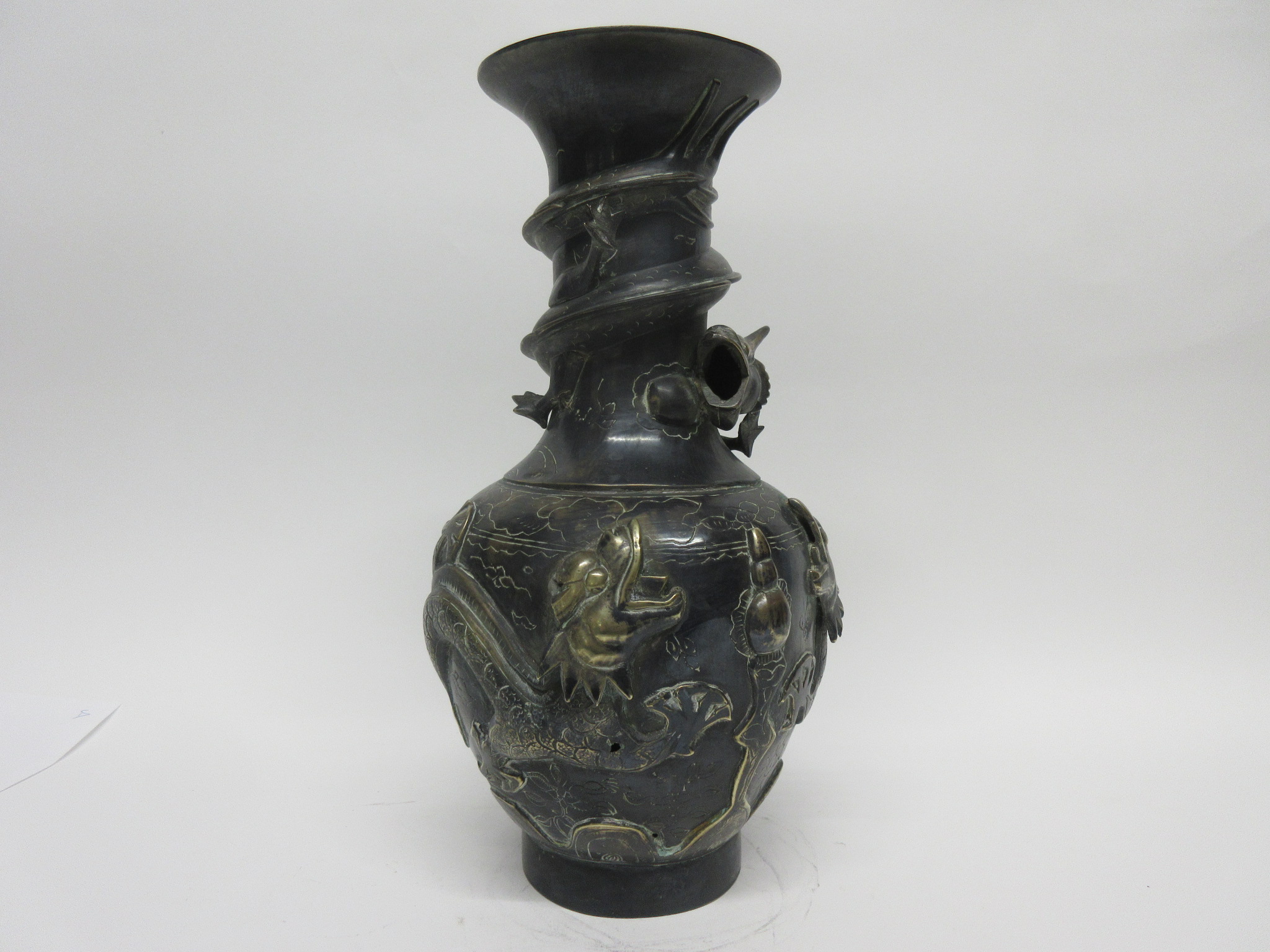 Metal vase, the neck with sinuous dragon and body also modelled in relief with two dragons and the - Image 2 of 5