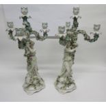 Pair of late 19th century Sitzendorf candelabra, both modelled as maidens supporting a central
