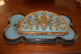 Victorian ebonised and beadwork table stand together with matching beadwork tea cosy, 70 and 42cm