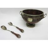 Silver plated mounted and oak two-handled pedestal salad bowl together with a pair of servers,