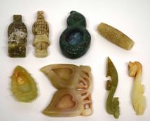 Group of small Chinese jade items and a stone carving of a rabbit and a jade type brush washer, (8)