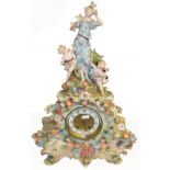 Early 20th century Plaue or Sitzendorf mantel clock, crested with female figure and winged putti,