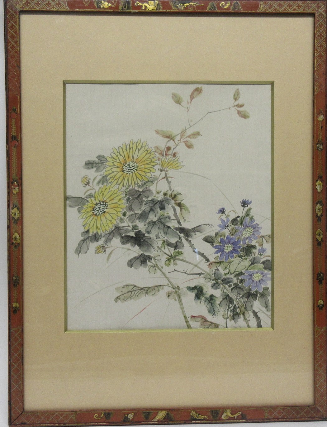 Set of four Oriental watercolours of flowers in wooden frames, the frames with inlay in gilt - Image 3 of 4