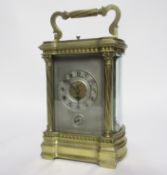 Late 19th century French repeating large carriage clock in lacquered brass case, 17cm high