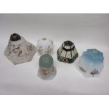 Group of five oil lamp shades, various sizes, one in Art Nouveau style with floral decoration