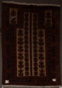 Small Caucasian rug, triple gull border, central geometric panel, mainly rust and beige field, 90