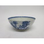 18th century Bow blue and white bowl decorated with chinoiserie scenes, 14cm diam (a/f)