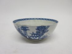18th century Bow blue and white bowl decorated with chinoiserie scenes, 14cm diam (a/f)