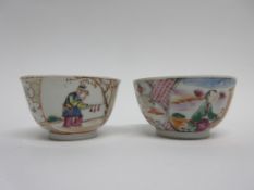 Two 18th century Chinese porcelain tea bowls decorated with Chinese figures and various