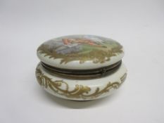 Large circular porcelain box and cover, painted to the top with a lady and gentleman in Sevres style