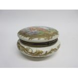 Large circular porcelain box and cover, painted to the top with a lady and gentleman in Sevres style