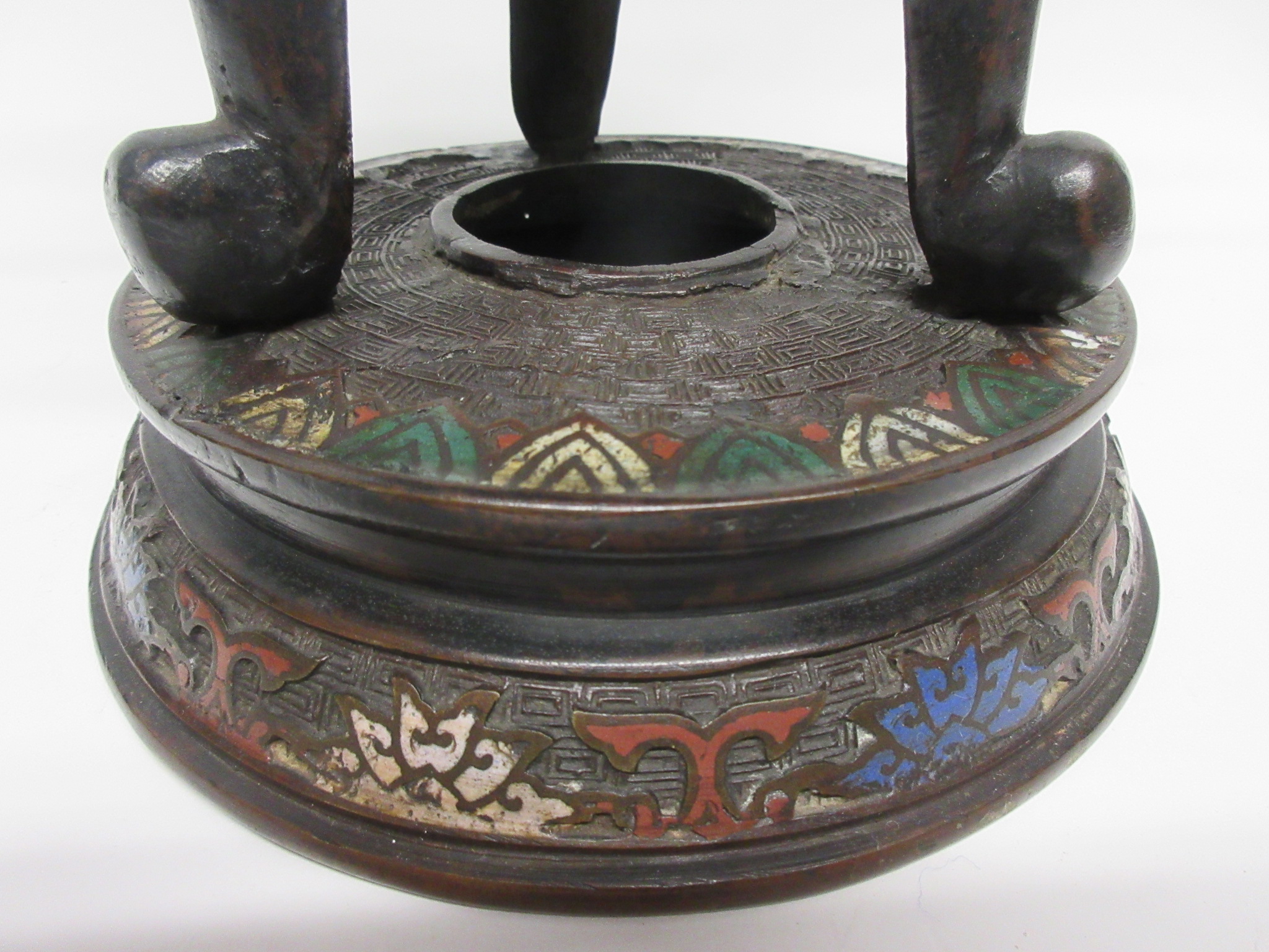 Large metal bronzed jar and cover with lion finial, decorated in cloisonne style, standing on - Image 4 of 7