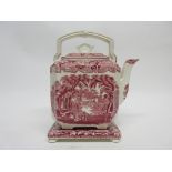 Mason's Ironstone tea pot and stand decorated with prints in pink enamel in the Vista pattern