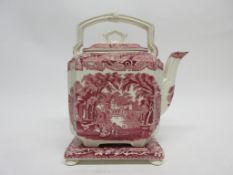 Mason's Ironstone tea pot and stand decorated with prints in pink enamel in the Vista pattern