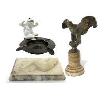 Unusual plated ashtray with porcelain frog mount with glass eyes, (one lacking), together with a