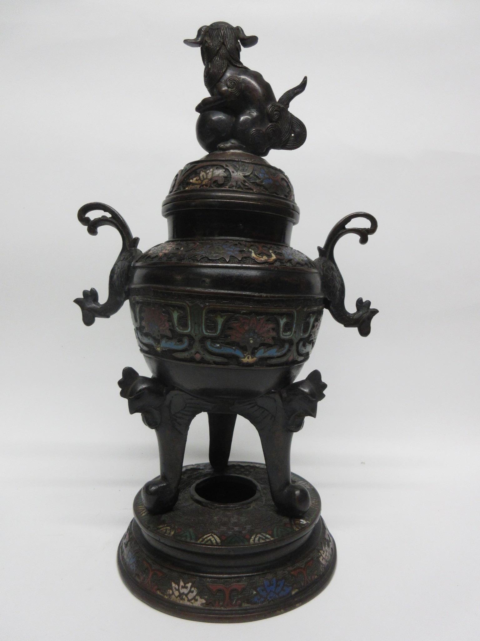 Large metal bronzed jar and cover with lion finial, decorated in cloisonne style, standing on - Image 3 of 7