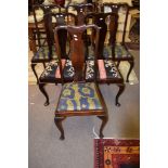 Set of six Queen Anne style mahogany high back dining chairs, all with various Oriental pattern