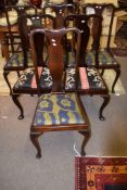 Set of six Queen Anne style mahogany high back dining chairs, all with various Oriental pattern