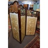 19th century mahogany three-fold screen with bevelled glass panels over inset embroidered panels