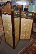 19th century mahogany three-fold screen with bevelled glass panels over inset embroidered panels