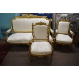 Louis quinze style giltwood suite comprising a three-seater sofa and pair of armchairs