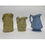 Group of 19th century relief decorated jugs by various manufacturers including Wood & Brownfield,