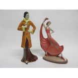 Pair of Art Deco pottery figures of ladies, tallest 31cm