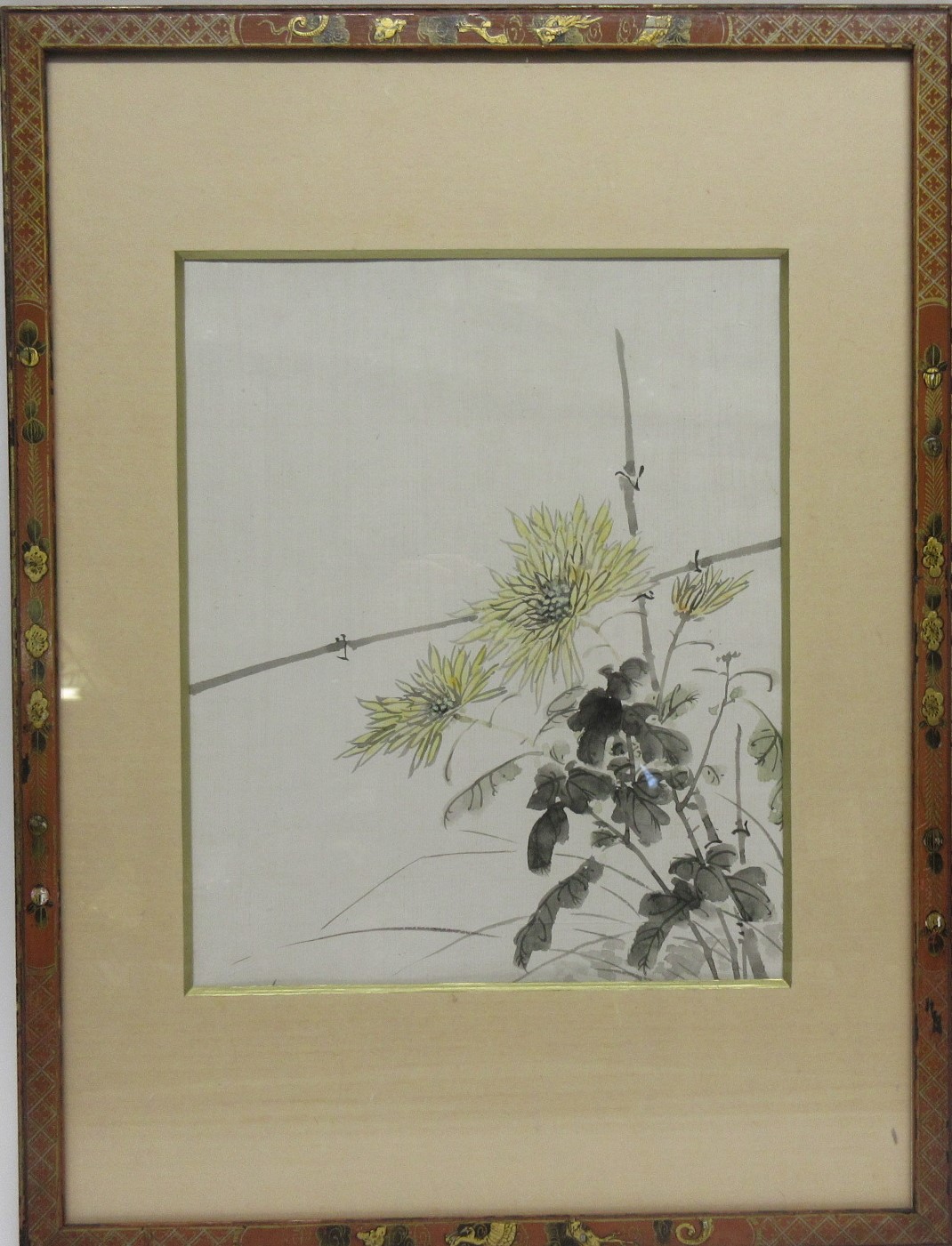 Set of four Oriental watercolours of flowers in wooden frames, the frames with inlay in gilt - Image 4 of 4