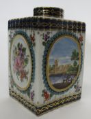 Worcester style tea caddy, probably by Samson, with the four sides painted with landscape panels and