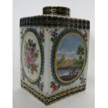 Worcester style tea caddy, probably by Samson, with the four sides painted with landscape panels and