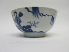 Late 18th century Chinese blue and white bowl decorated with a Chinese character beside rockwork,