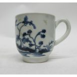 18th century English porcelain coffee cup, probably Liverpool, with a blue and white design, 6cm