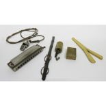 Vintage lighter, bone curling tongs, lorgnettes, mouth organ, whistle etc