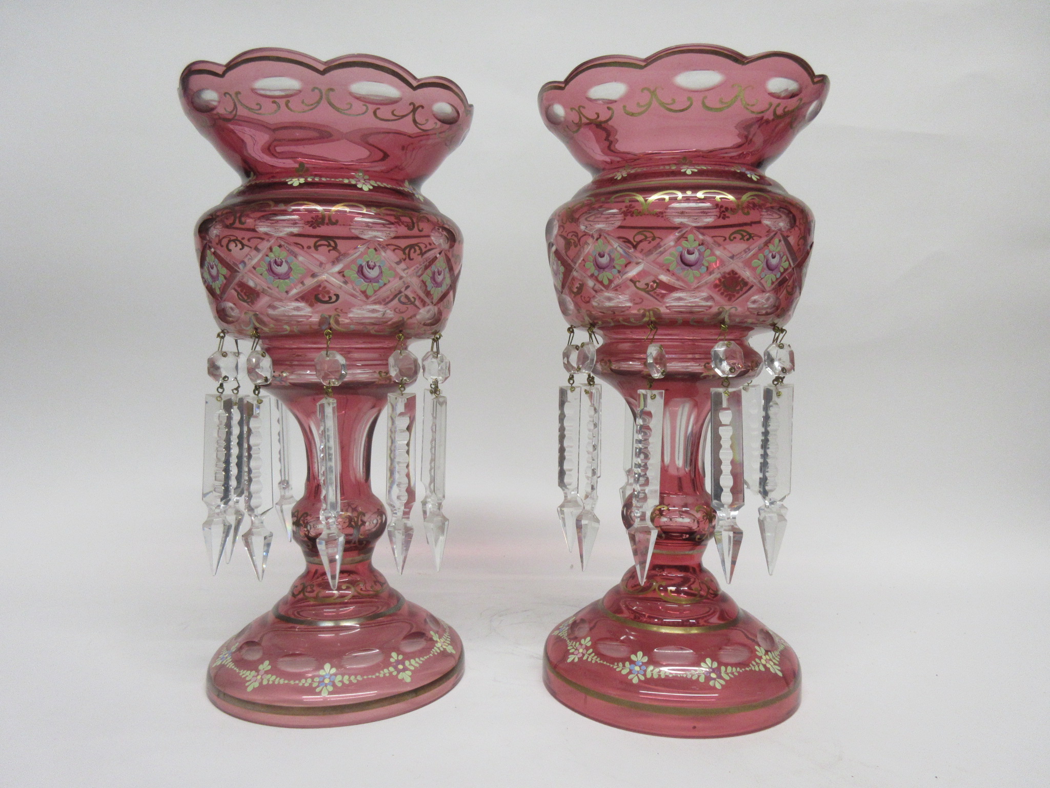 Pair of pink glass table lustres with floral and gilt decoration, 33cm high (2) - Image 3 of 3