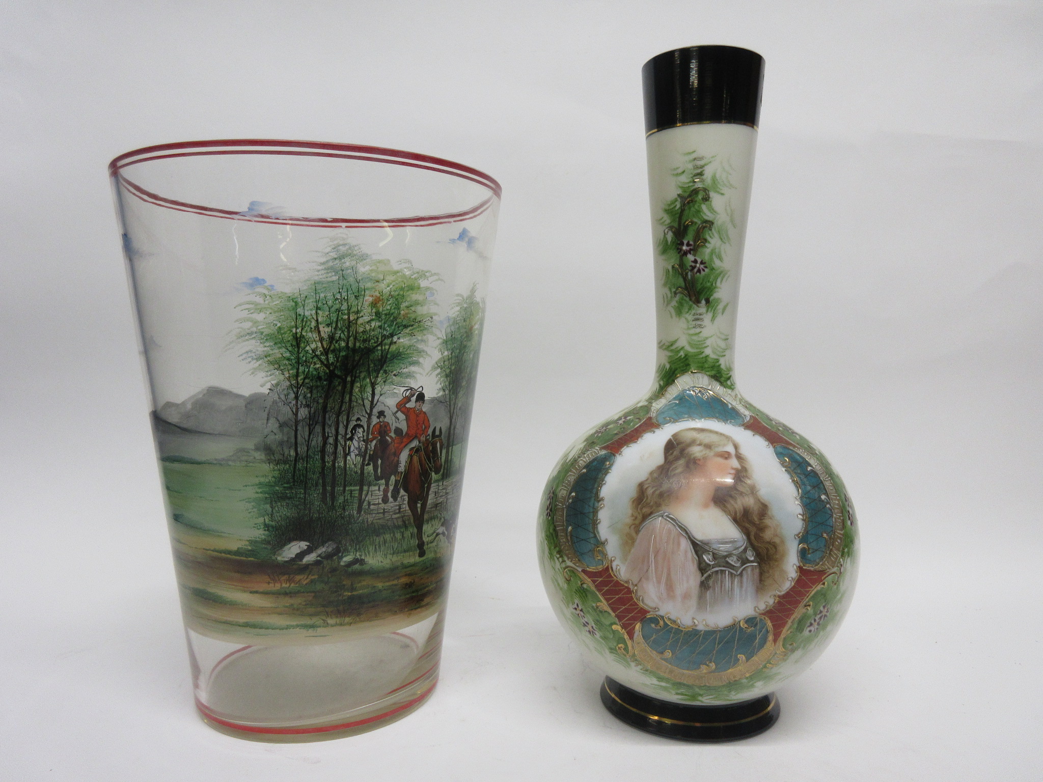 Glass vase decorated in Vienna style with a print of a maiden, together with a further large glass
