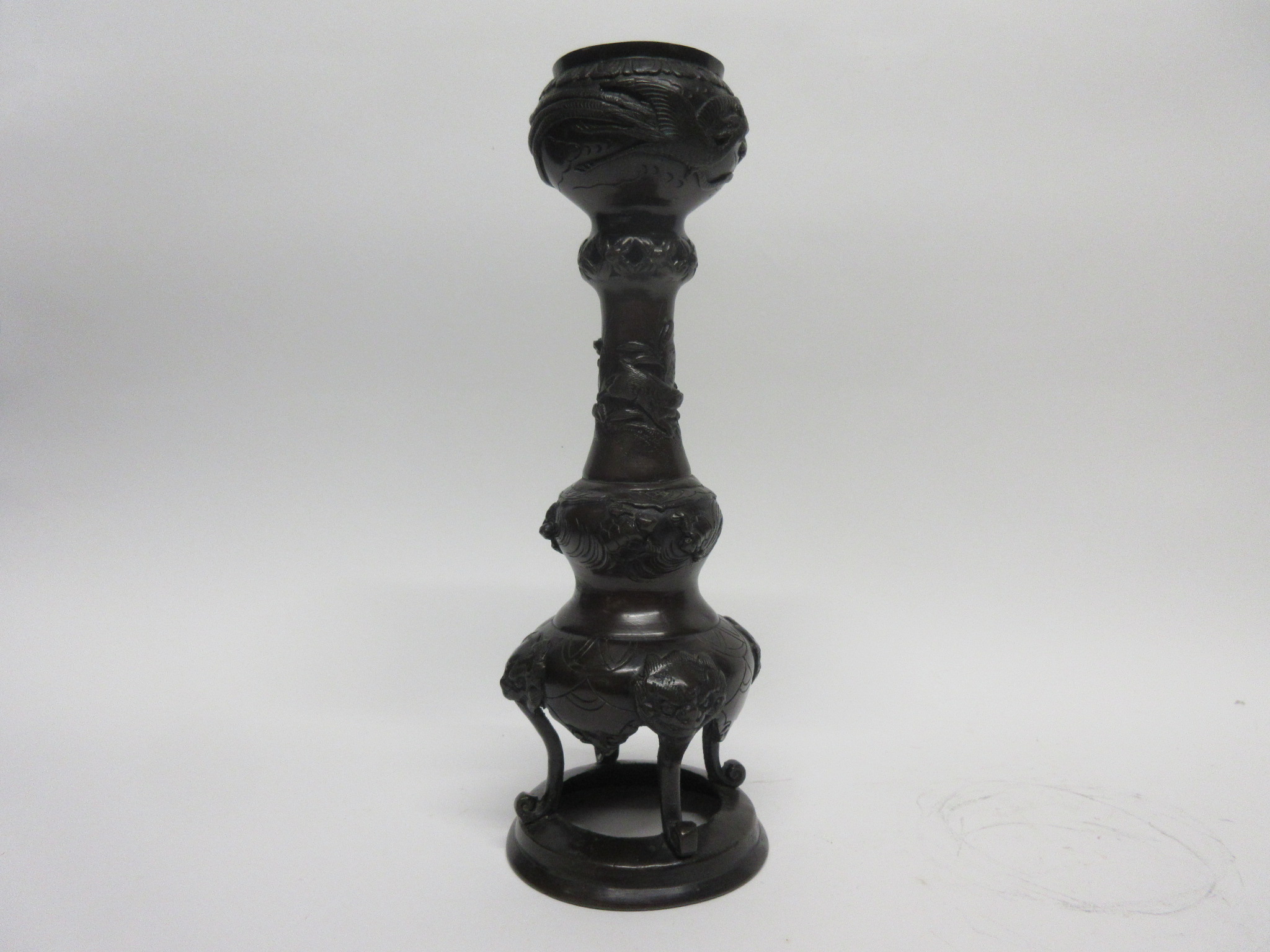 Oriental bronze candlestick with applied decoration of turtles and dragons, 31cm high - Image 3 of 8