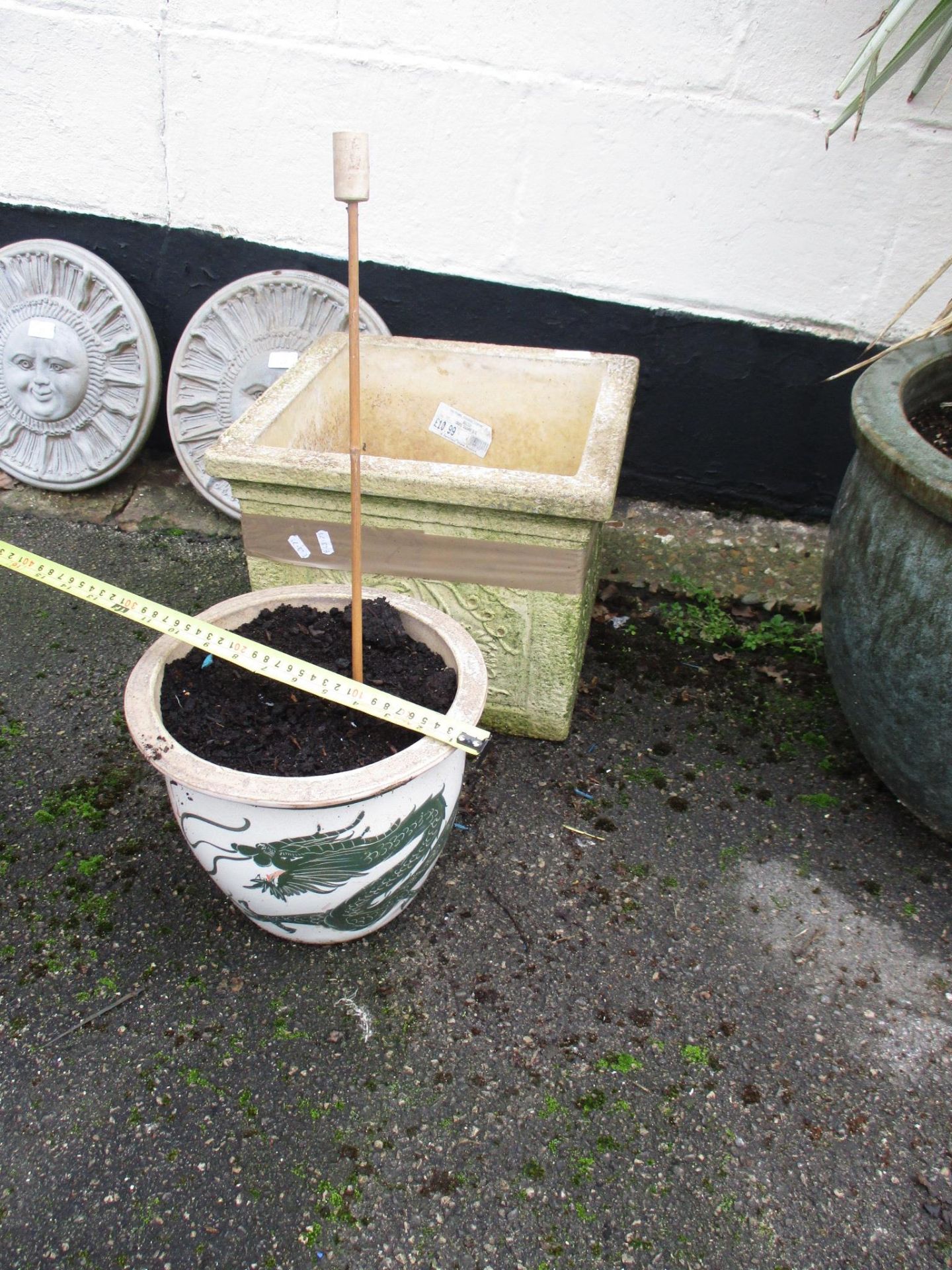 SQUARE COMPOSITION PLANTER, APPROX 38CM TOGETHER WITH A SMALL GLAZED TERRACOTTA EXAMPLE, APPROX 27CM