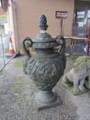 LARGE METAL GARDEN URN OF ORNATE DESIGN, WITH GOATS HEAD HANDLES, HEIGHT APPROX 1.2M