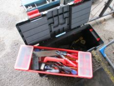 LARGE PLASTIC TOOLBOX CONTAINING WOOD AND HOUSEHOLD TOOLS
